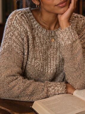 FATE Chunky Knit Pullover Sweater | Oatmeal Beige Textured Cozy Sweater | Size L